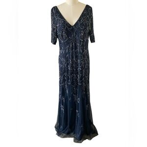 Adrianna Papell Midnight blue sequin and beaded embellished dress, Size 14, NWT